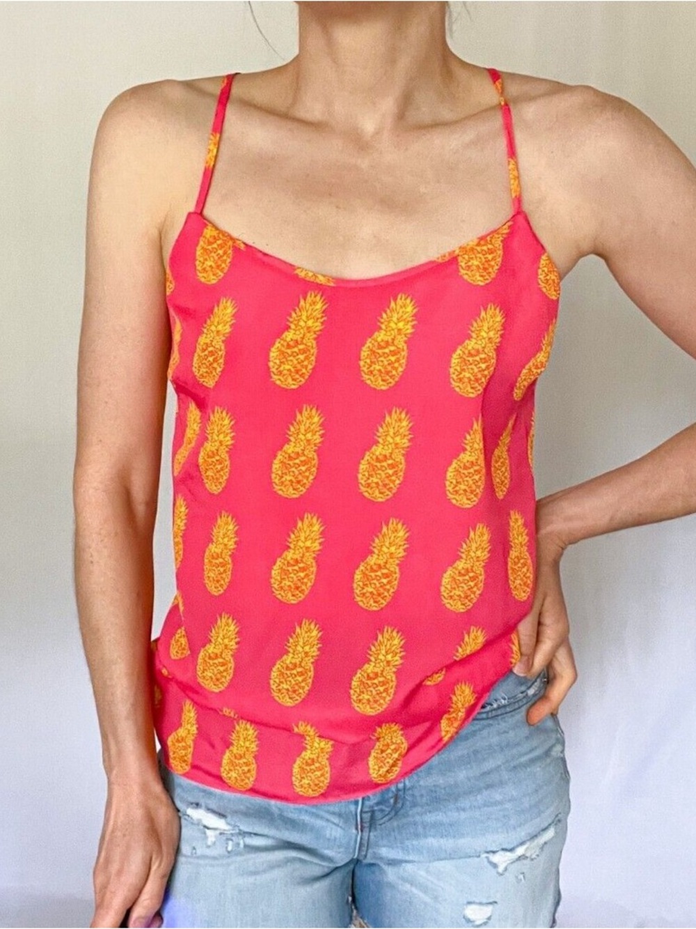 J. Crew Pink Cami with Yellow Pineapple Print Size 2 NWT